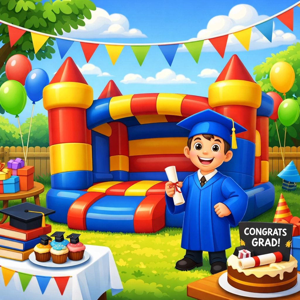 Happy graduate standing by a vibrant bounce house rental in a sunny backyard for a graduation celebration.