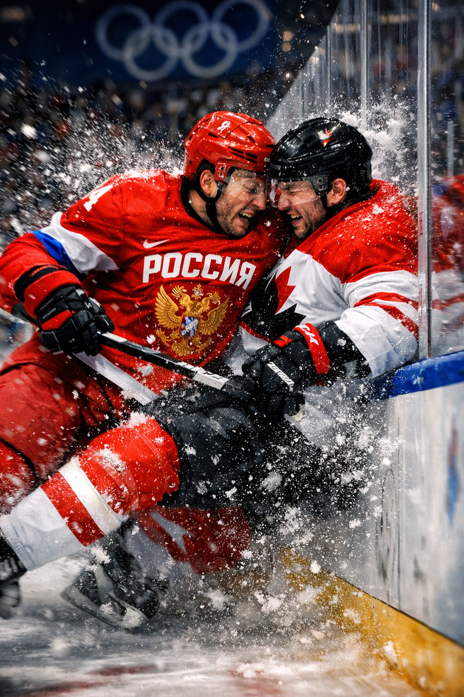 Russian and Canadian hockey players collide during intense Olympic semi-final game