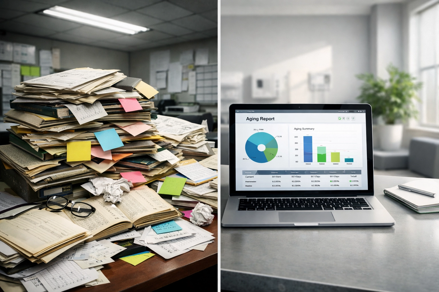 Claims Are Out, But the Money's Not In? 7 Hidden Reasons Your A/R Is Still a Mess Comparison of disorganized paper ledgers versus organized digital A/R management system
