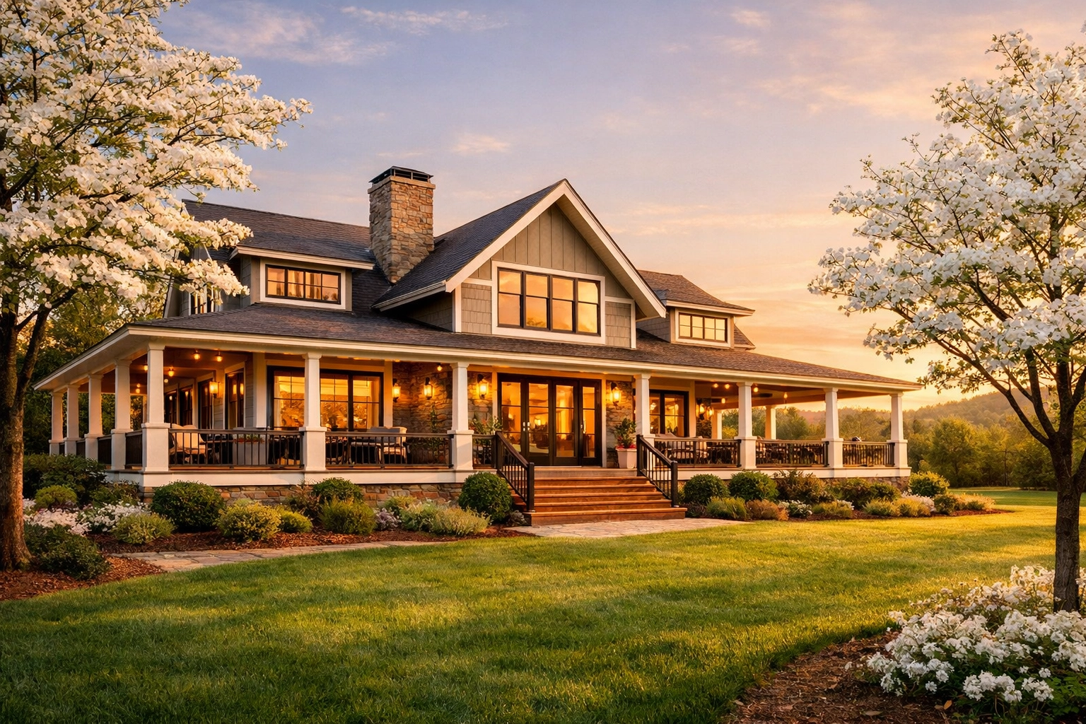 Modern luxury home in Northeast Georgia featuring a wrap-around porch and blooming dogwood trees.