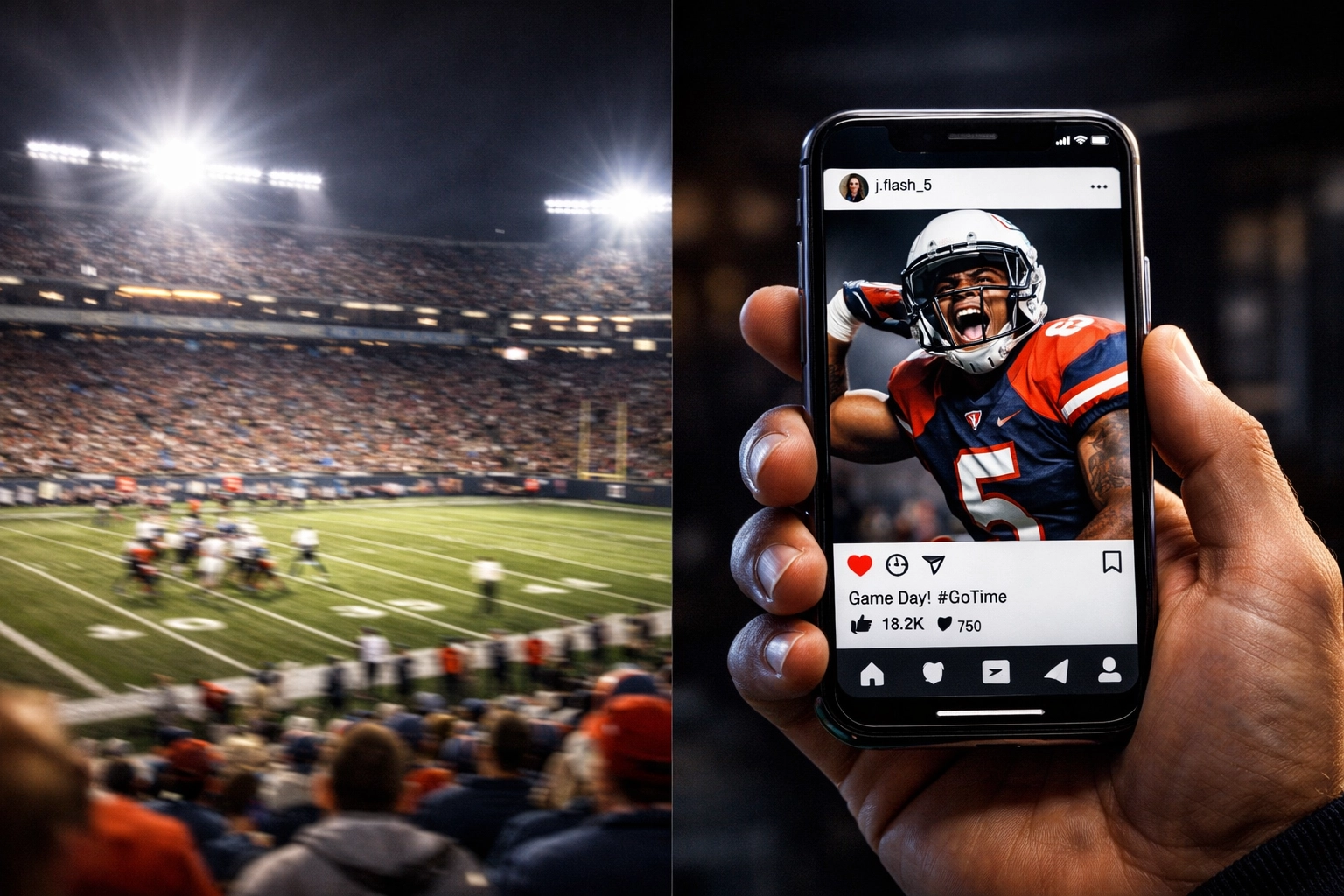 Comparison of a massive football stadium and a smartphone screen showcasing a college athlete NIL social media post.