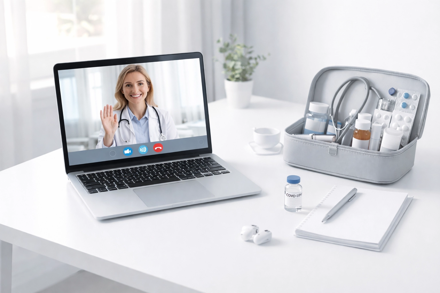 Telehealth consultation setup with laptop and medication, highlighting modern TRT medical supervision