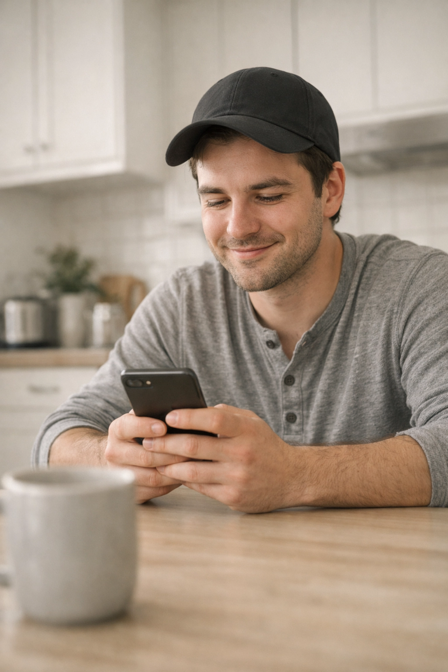 Canadian looking relieved while using a smartphone to get a 2500 dollar cash loan online now.