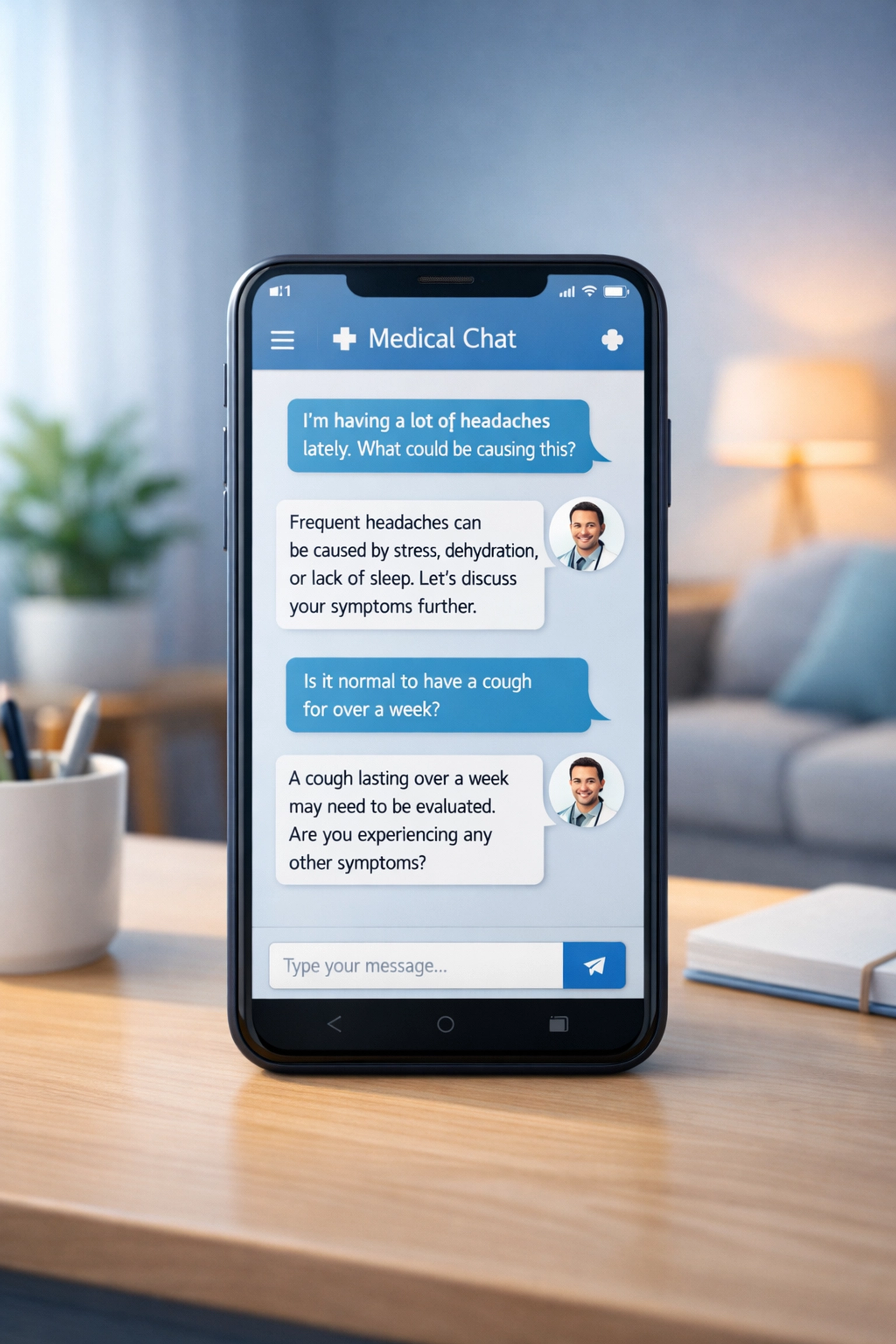 Patient using smartphone for online doctor consultation via secure medical text messaging at home