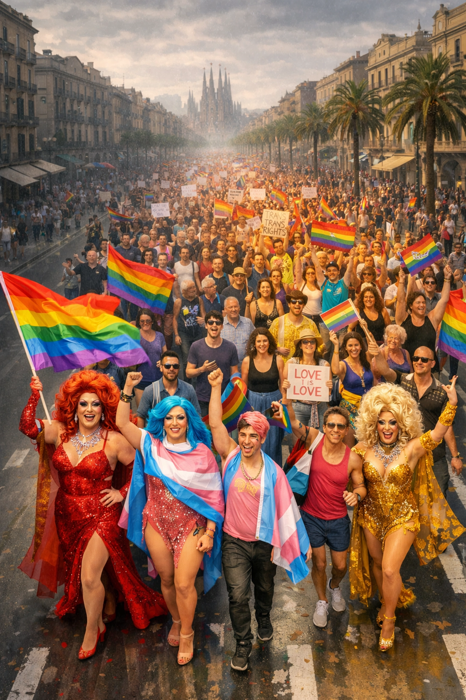 Diverse LGBTQ+ marchers led by drag queens and trans activists at Barcelona 1977 Pride