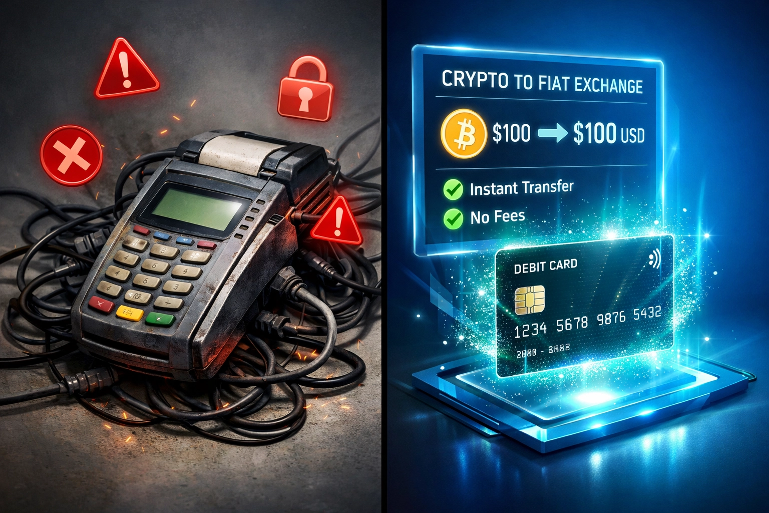 Instant crypto-to-fiat Push-to-Card conversion vs outdated payment terminal comparison