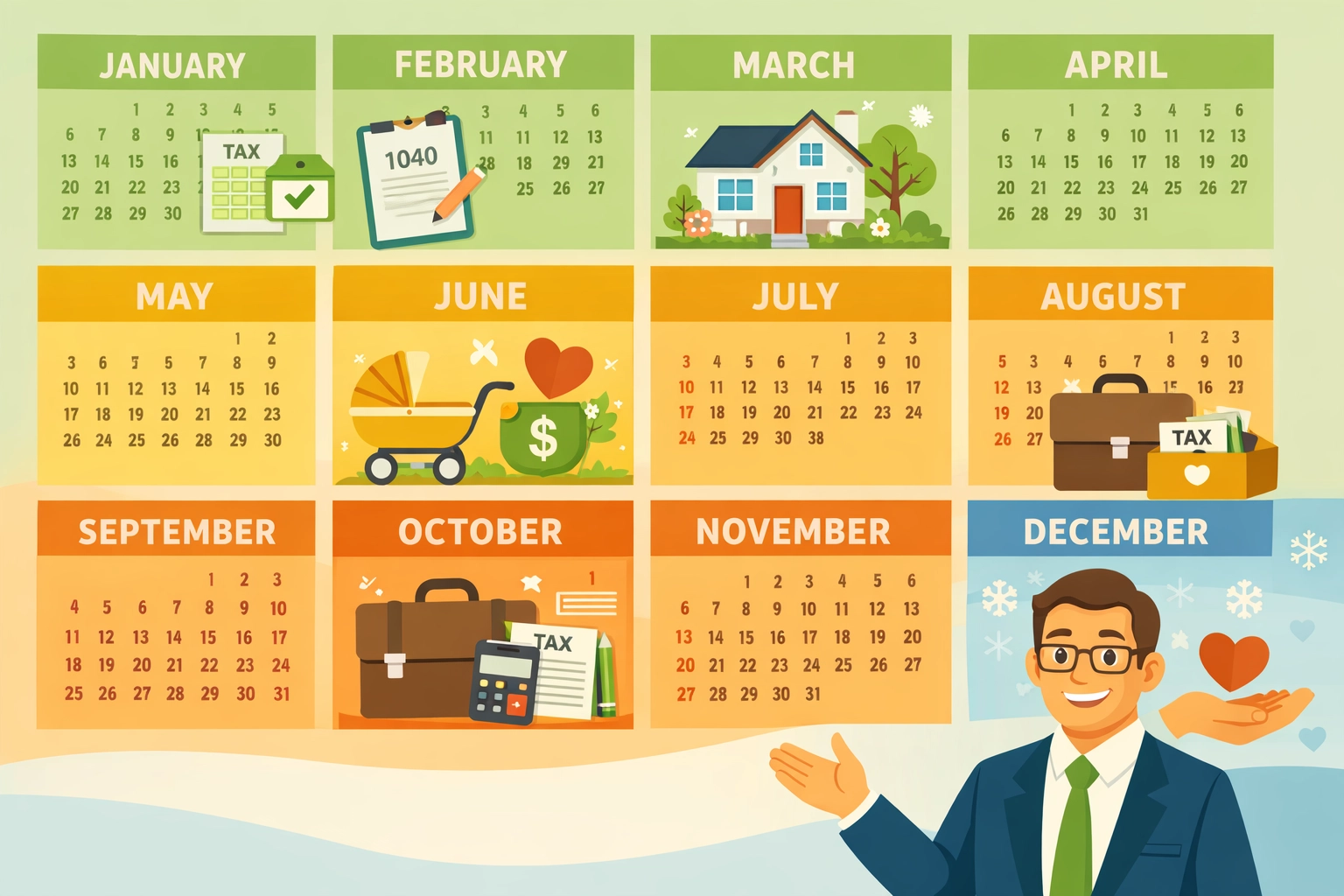 Year-round tax planning calendar showing life events and ongoing professional guidance