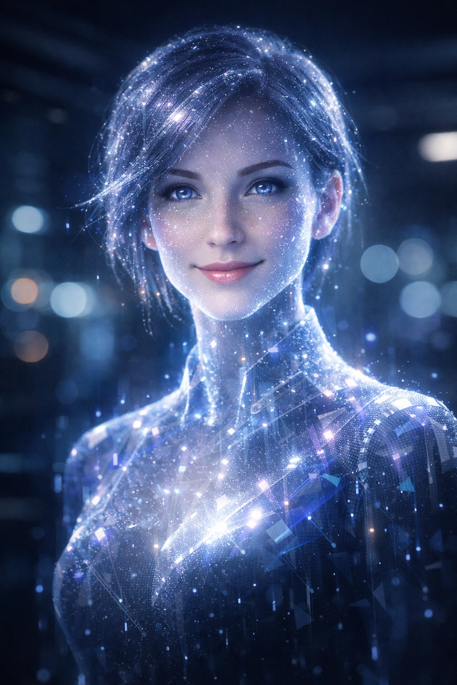 Professional holographic AI Manager assistant providing 24/7 automated business support and lead qualification.