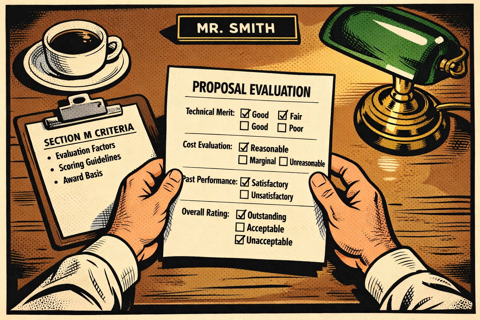 Government evaluator independently reviewing proposal against Section M criteria on desk