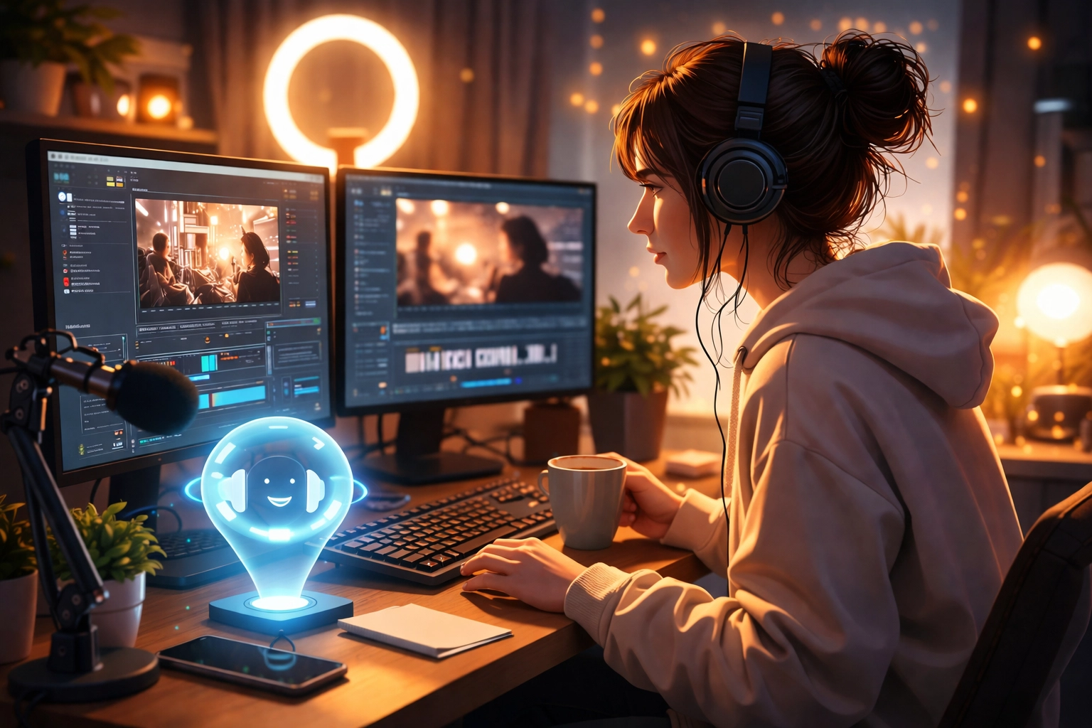 Content Creator am Arbeitsplatz, während die KI-Rezeptionistin Anrufe übernimmt und für mehr Produktivität sorgt