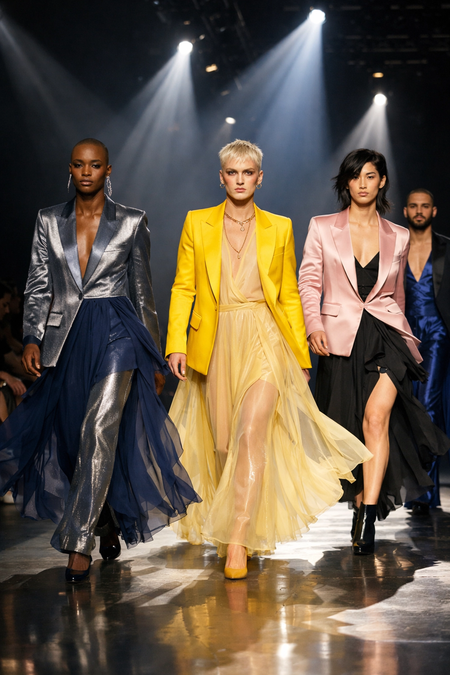 Gender-nonconforming fashion runway featuring diverse LGBTQ+ models in gender-fluid designs