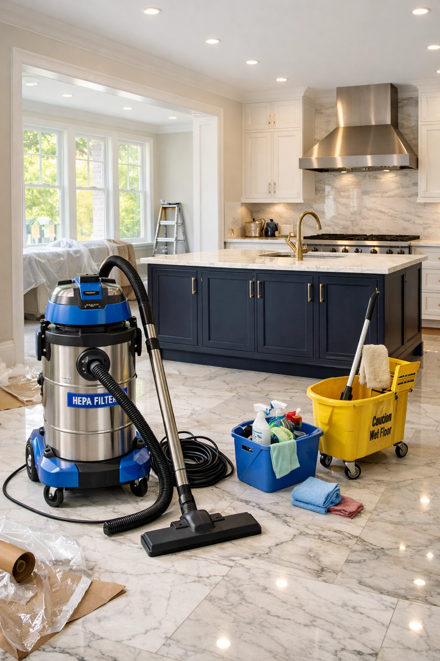 Professional HEPA vacuum used for post construction cleaning Hudson in a luxury kitchen renovation.