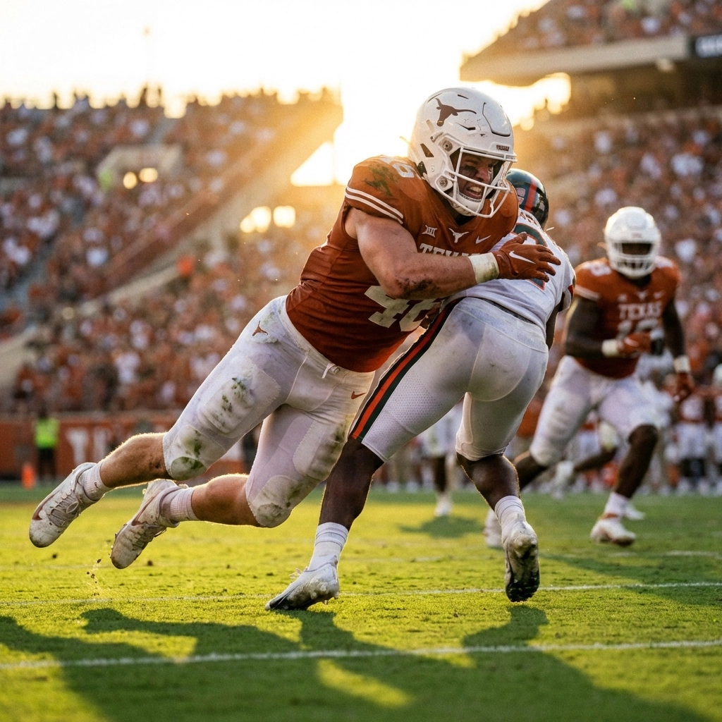 Texas linebacker in burnt orange uniform poised for a tackle on the field, representing Justin Cryer's arrival in Austin