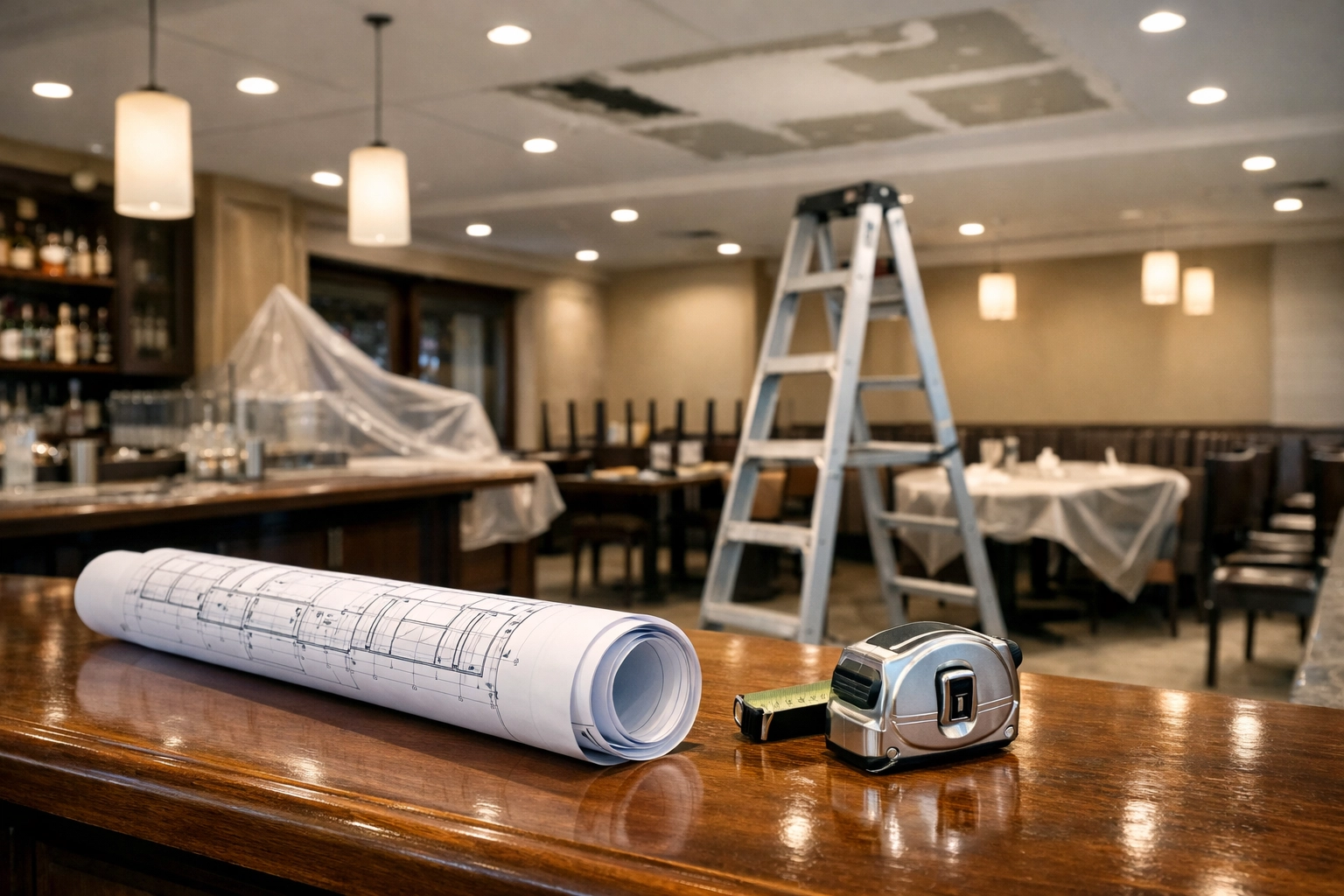 Restaurant interior undergoing repairs during the period of restoration with architectural blueprints on the counter.