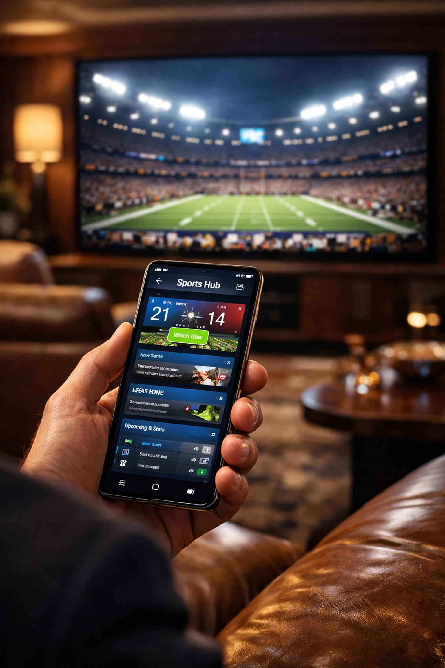 A person using a smartphone in a luxury suite to engage with interactive Super Bowl digital brand content.