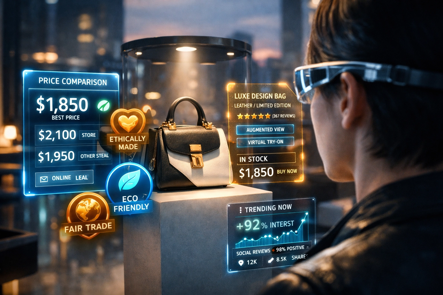 Metaverse shopping with Larecoin.ai featuring AR holographic interfaces for social impact payments and Web3 commerce.