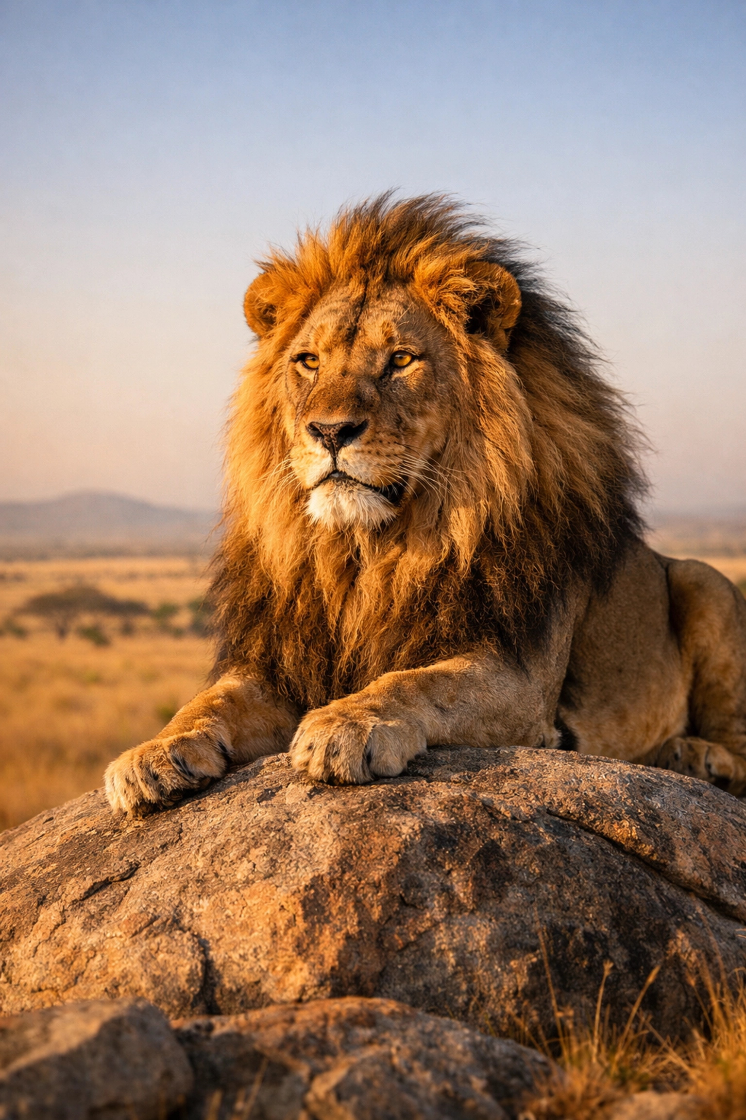 Majestic male lion resting on a Serengeti rock, symbolizing leadership and authority for corporate stock imagery.