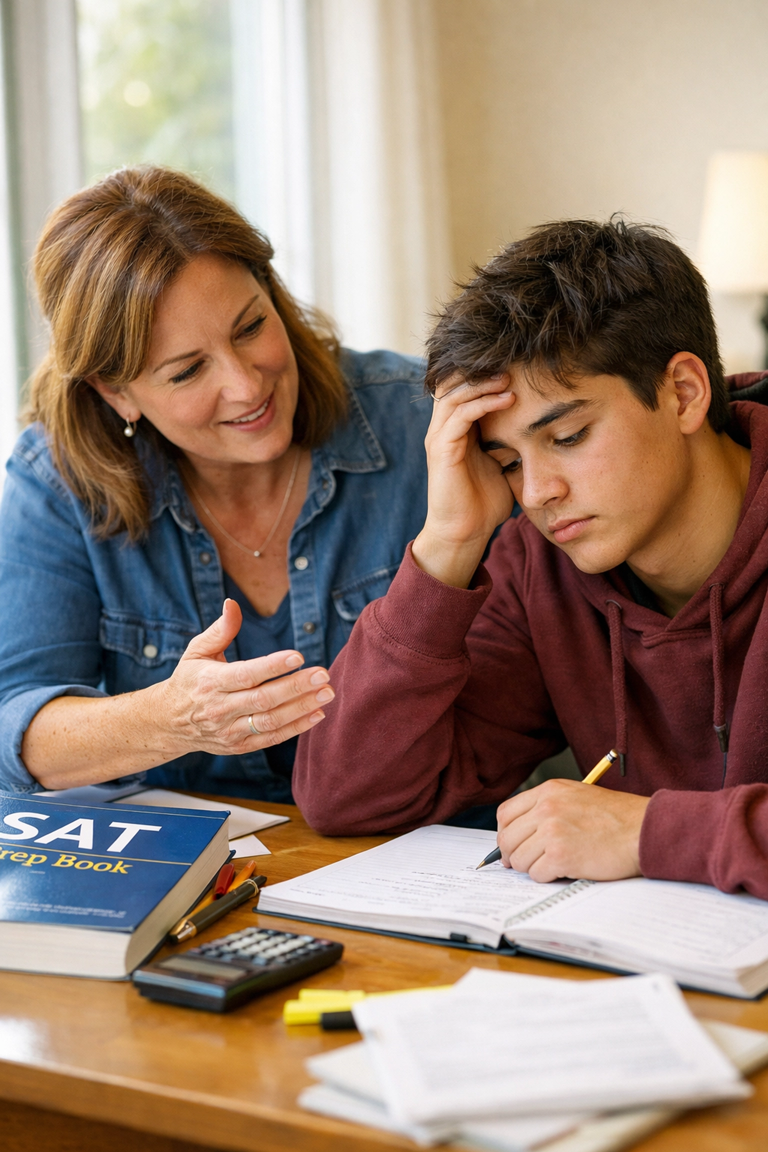 SAT tutor coaching exhausted student through test preparation burnout