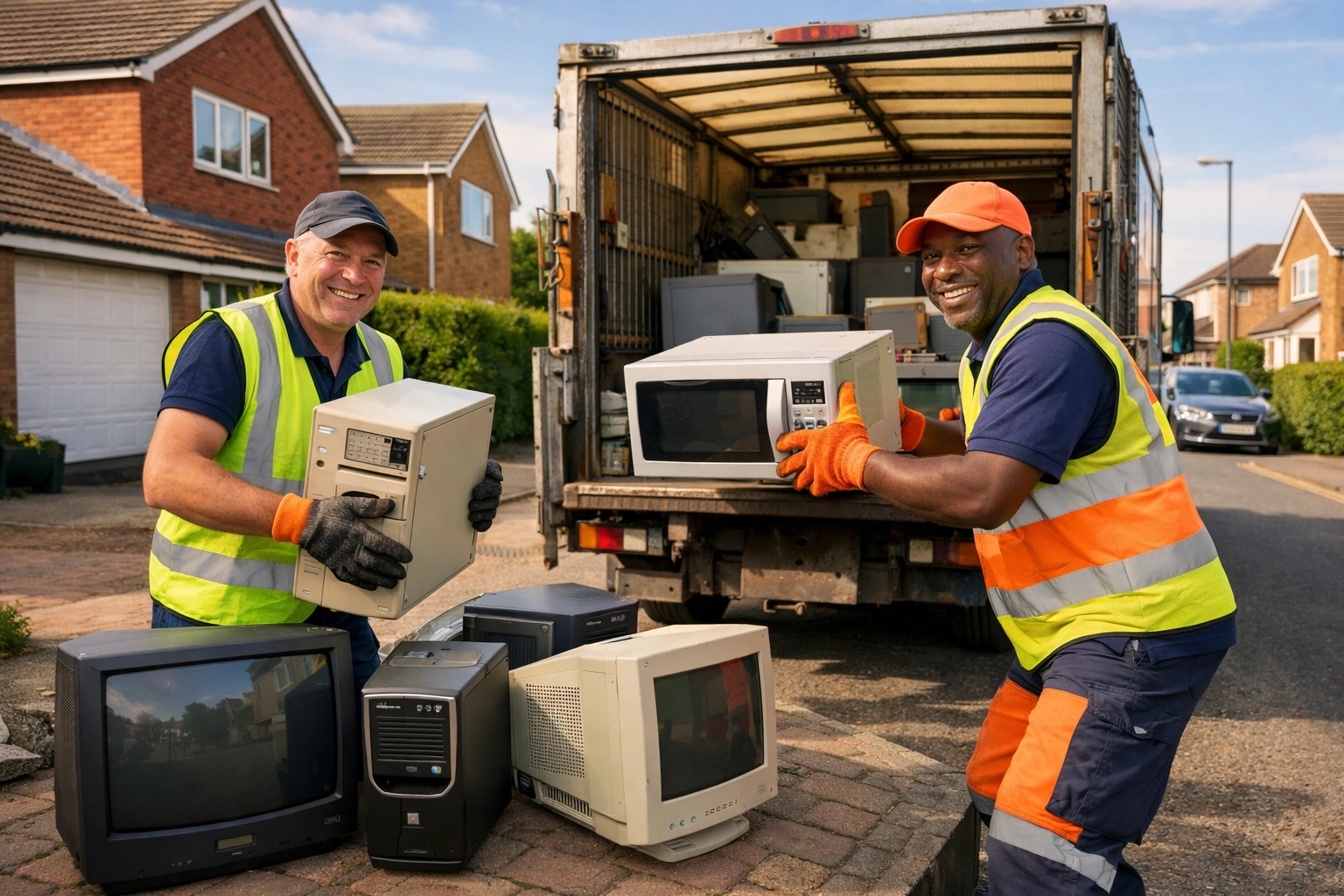 Free e-waste collection service in Northamptonshire with workers loading old electronics from home