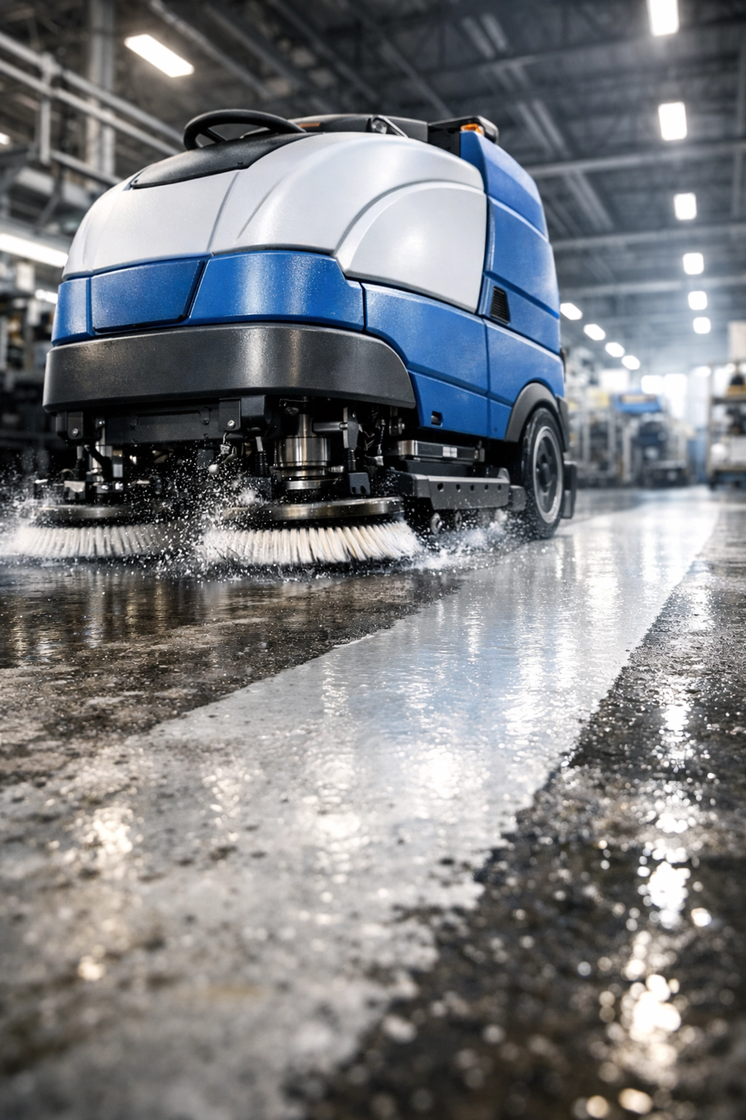 Professional industrial floor scrubbing machine cleaning a factory floor, showing a sparkling clean path.