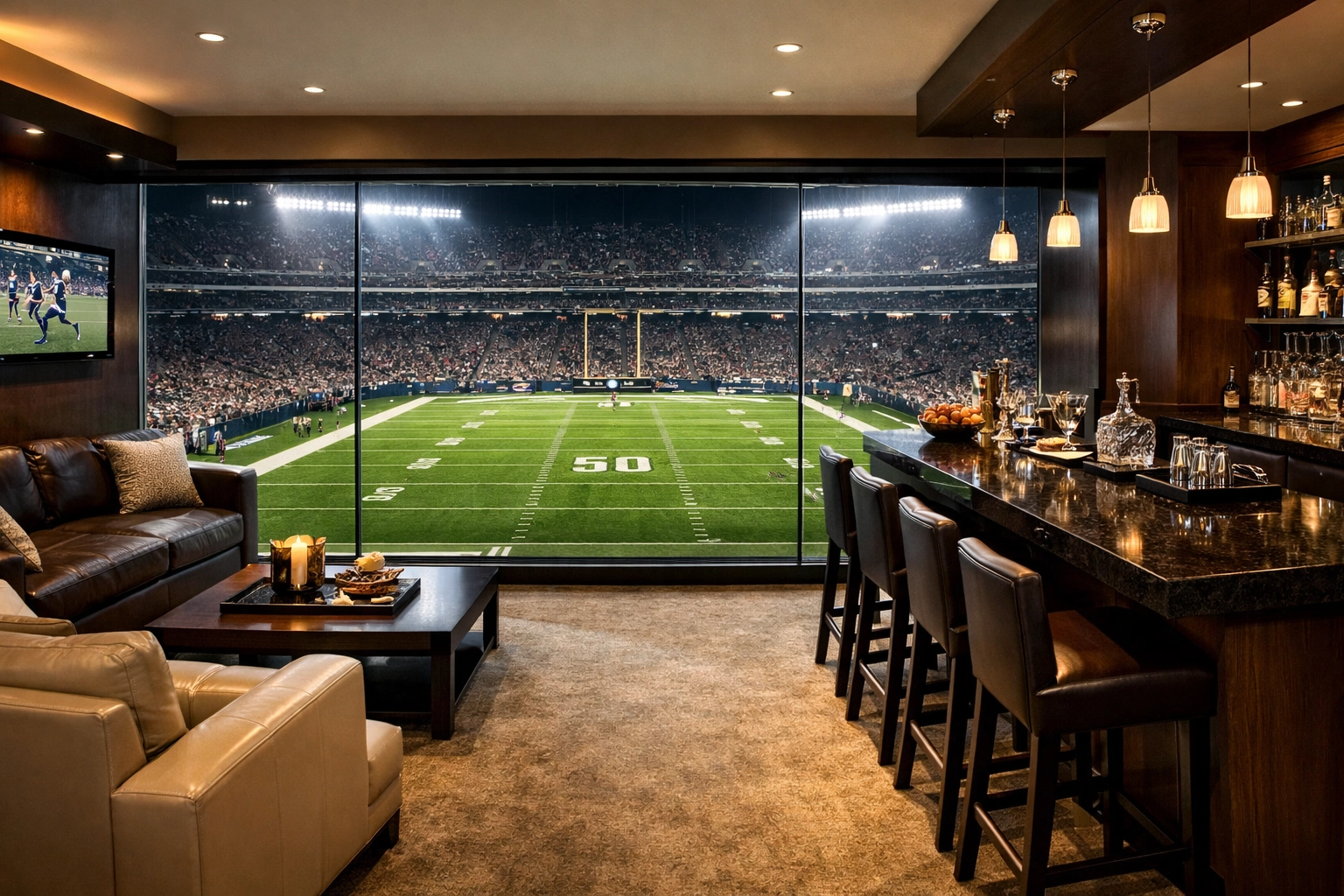 Luxury Super Bowl corporate suite at the 50-yard line featuring premium seating and a panoramic field view.