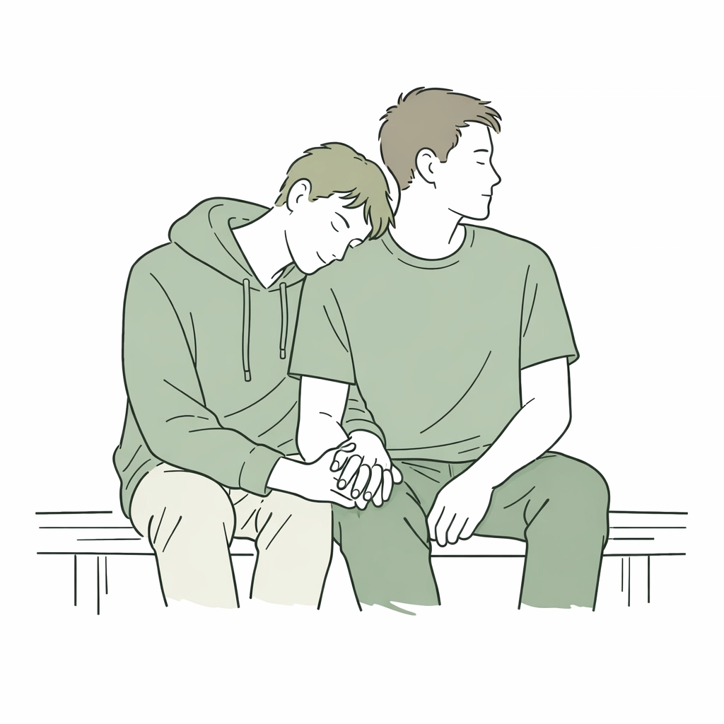 Two men sharing a quiet emotional connection on a bench, highlighting asexual and aromantic MM romance themes.