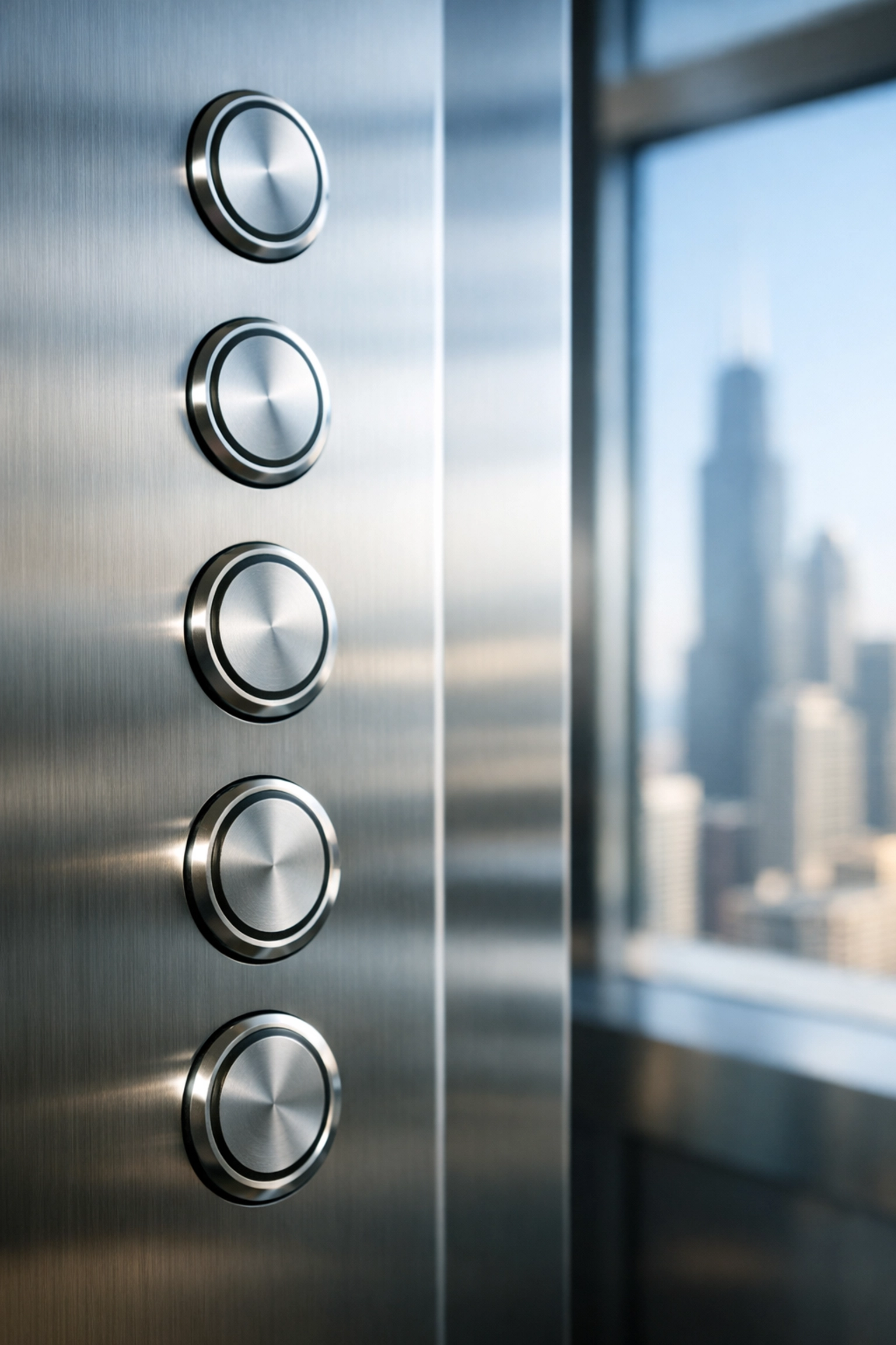 Sanitized stainless steel elevator buttons in a Chicago high-rise office building.