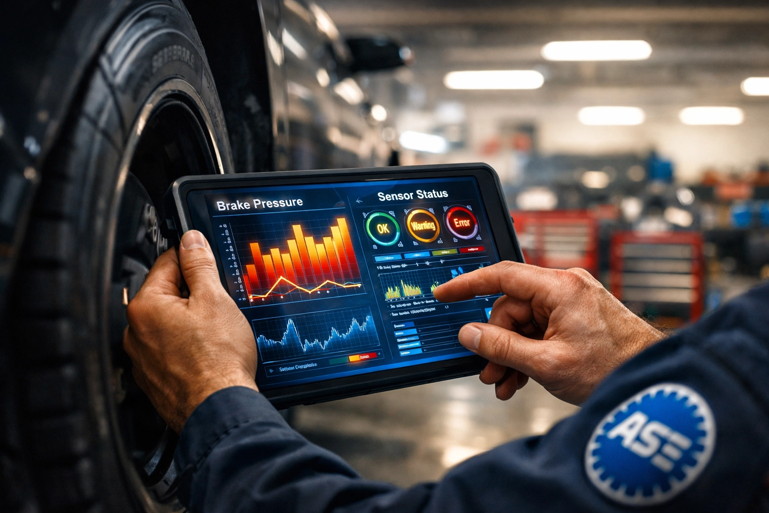 An ASE certified mechanic uses a digital diagnostic tool to inspect car brakes at a Santa Clarita repair shop.