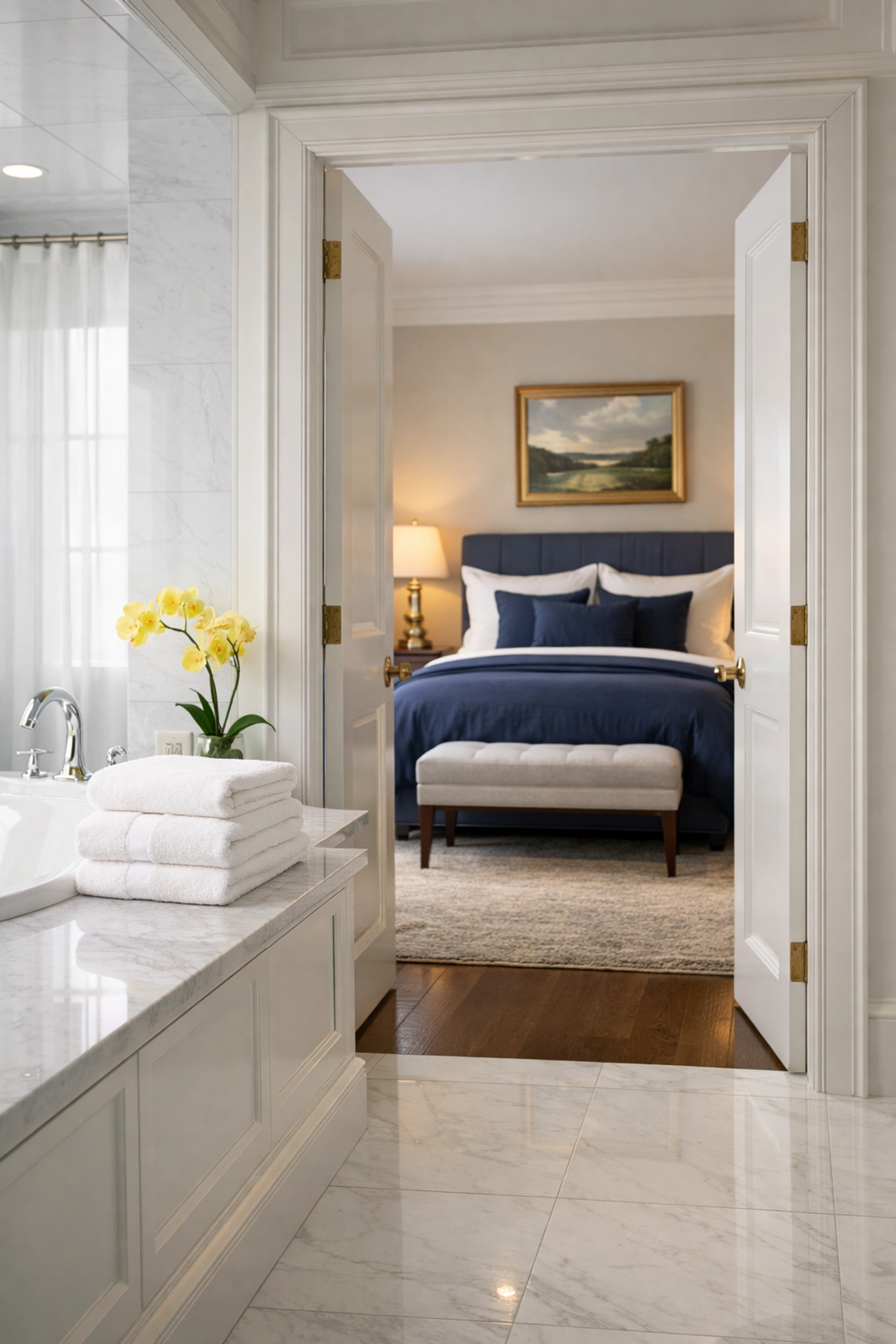 Spotless master suite and bathroom in Wellesley after a weekly house cleaning service visit.