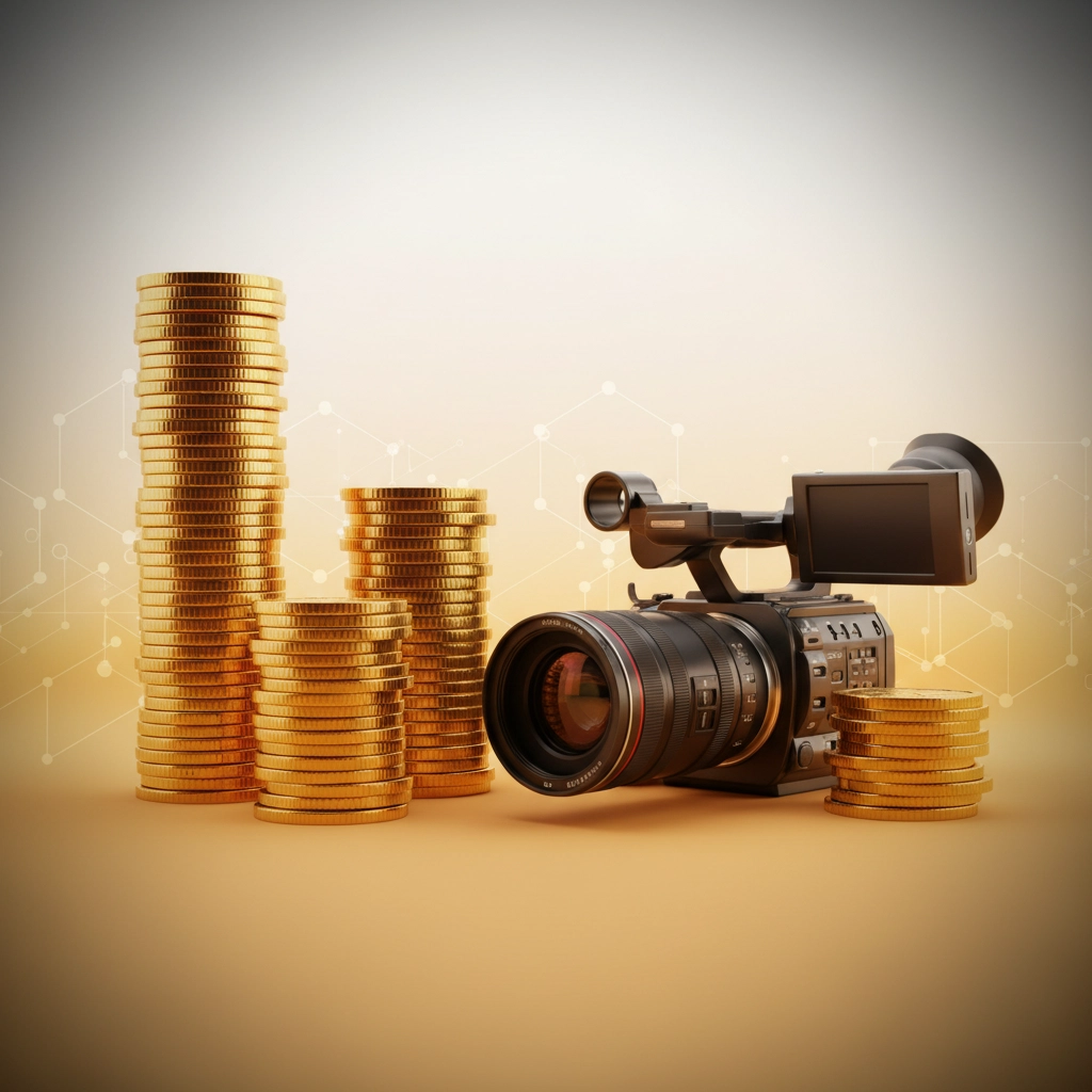 A professional video camera sits amid towering stacks of gold coins, symbolizing the lucrative business of filmmaking and the intersection of art and commerce.
