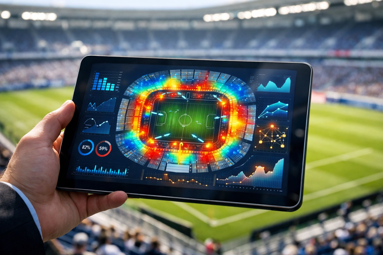 AI-powered data analytics and fan engagement heat maps displayed on a tablet at a sports stadium.