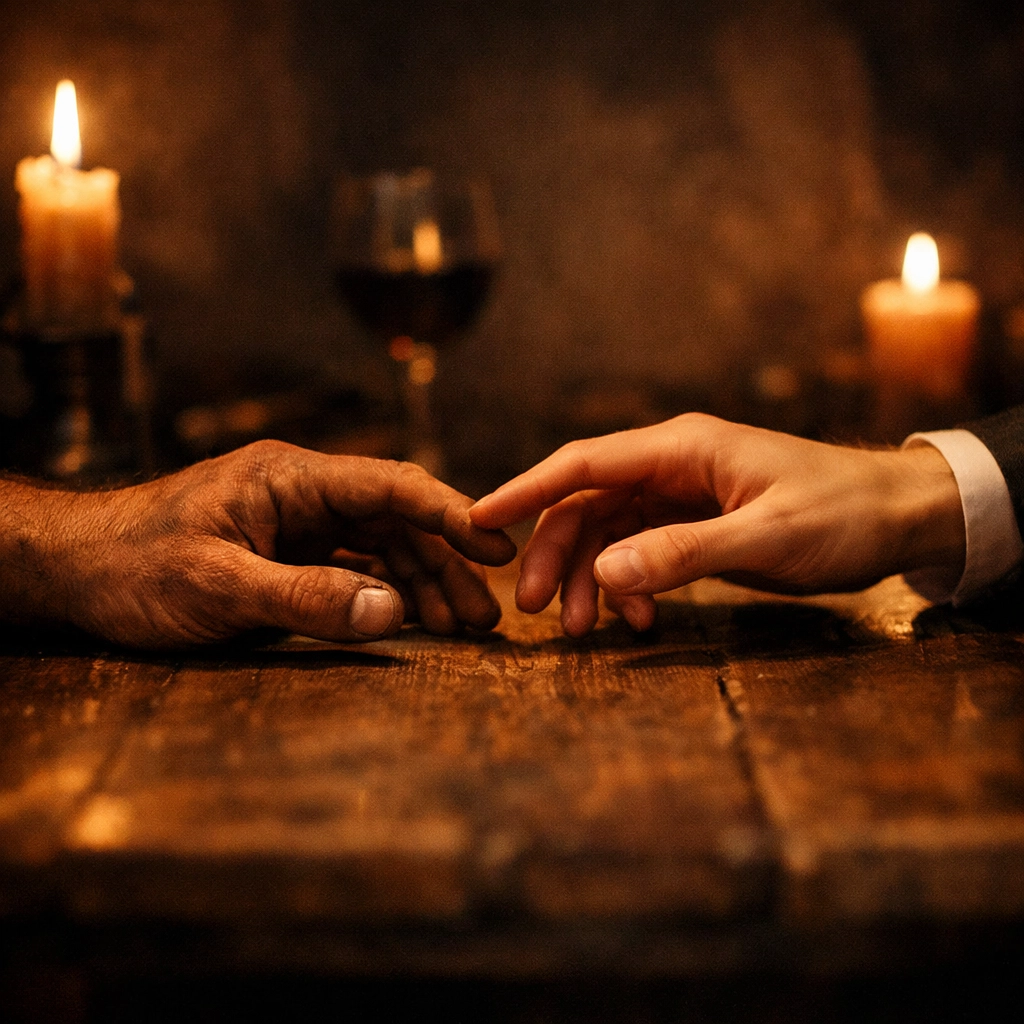 Two men's hands reaching across class divide in Maurice, symbolizing gay love and connection