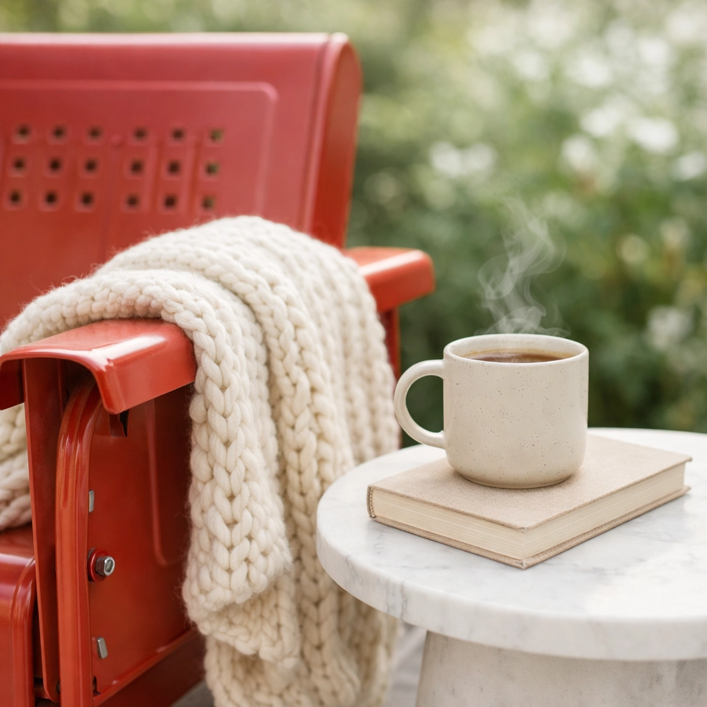 Cozy red retro metal glider with a knit blanket and book on a marble side table.