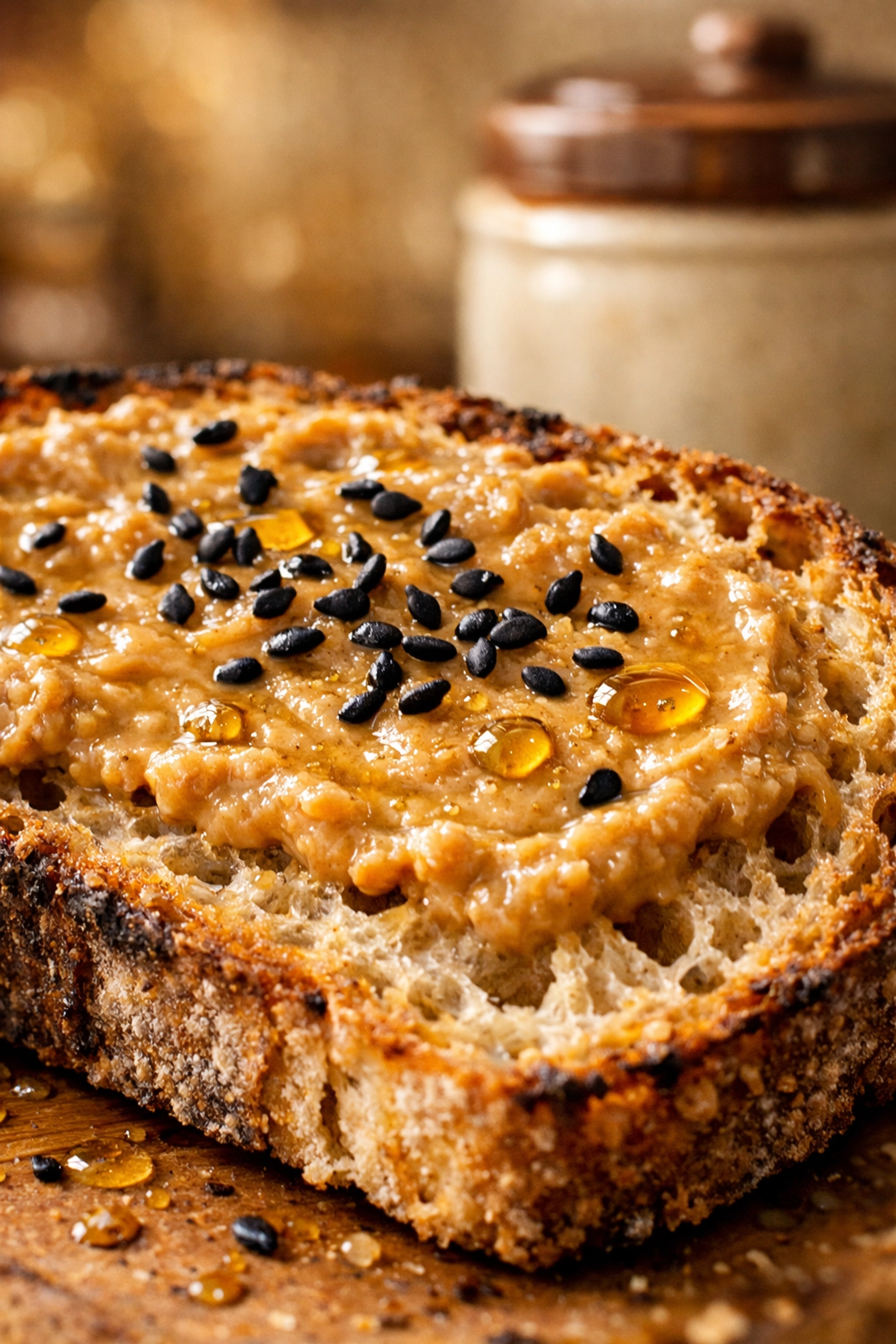 Toasted sourdough bread with probiotic miso-tahini spread and black sesame seeds for gut health.