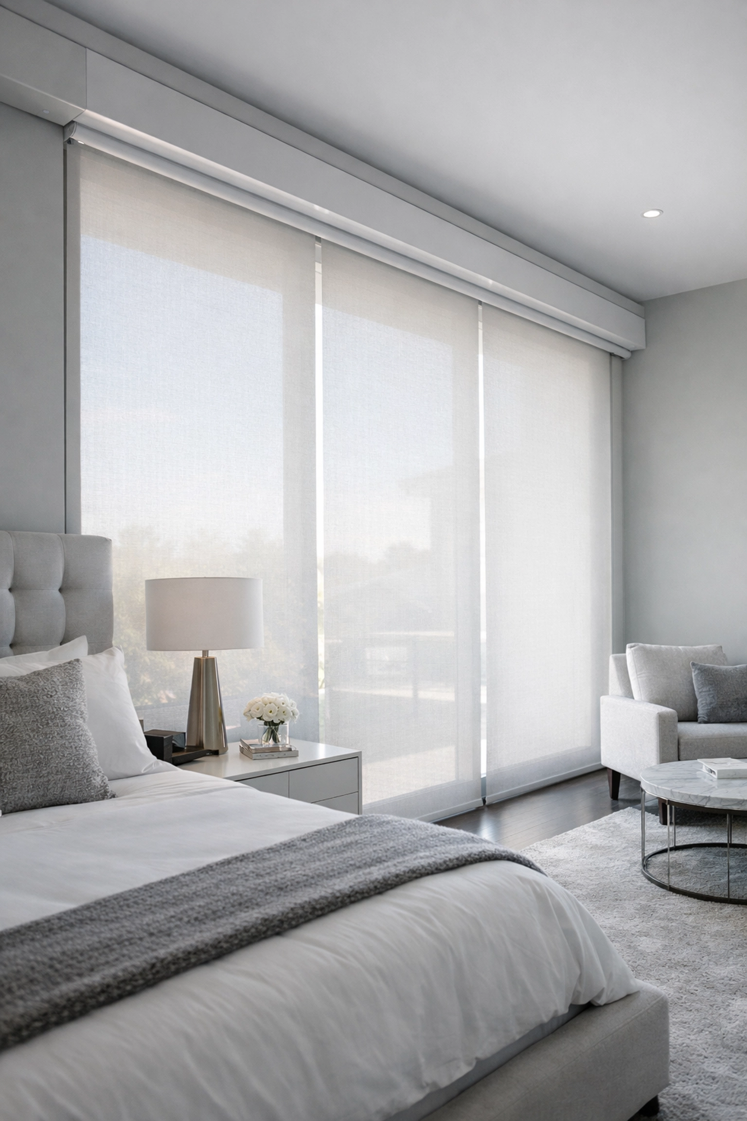 Interior motorized roller shades in Southlake bedroom with natural lighting