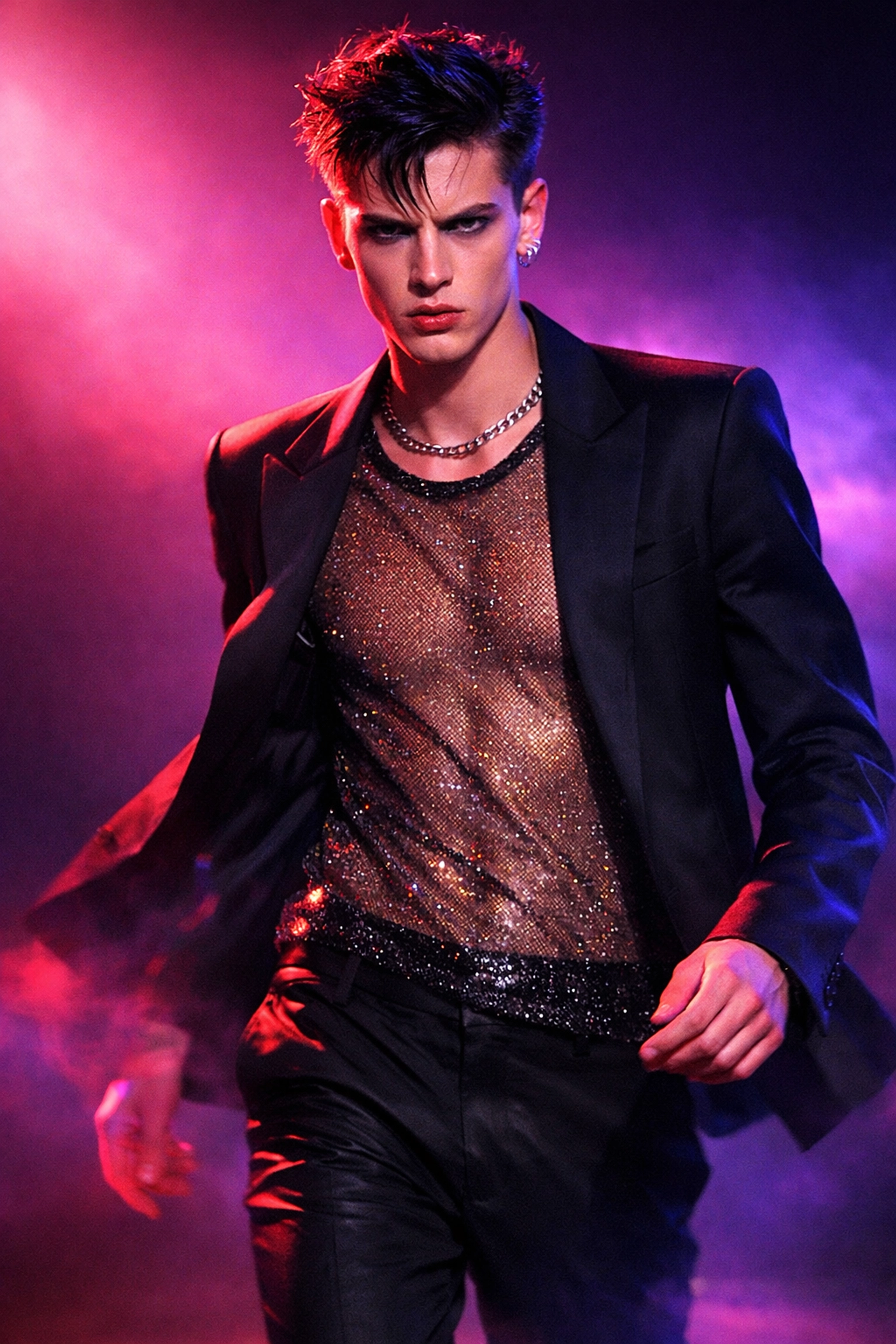 A male model in couture and neon lighting, illustrating the transition from nightlife to high-fashion in LGBTQ+ fiction.