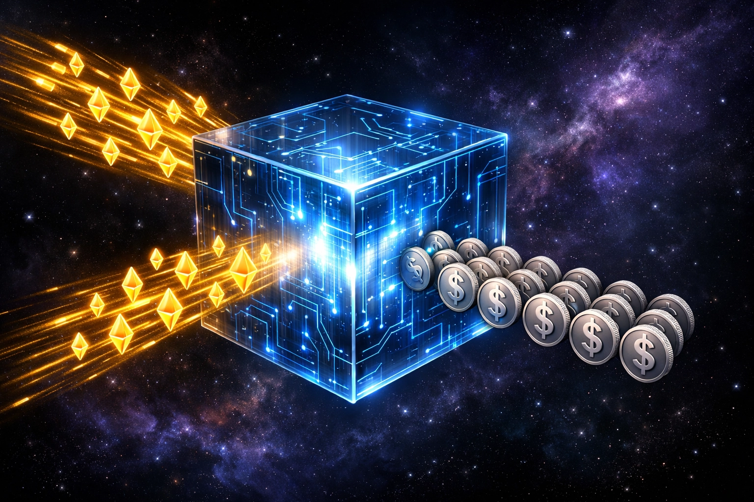 ETH collateral converting to LUSD stablecoin through decentralized blockchain protocol