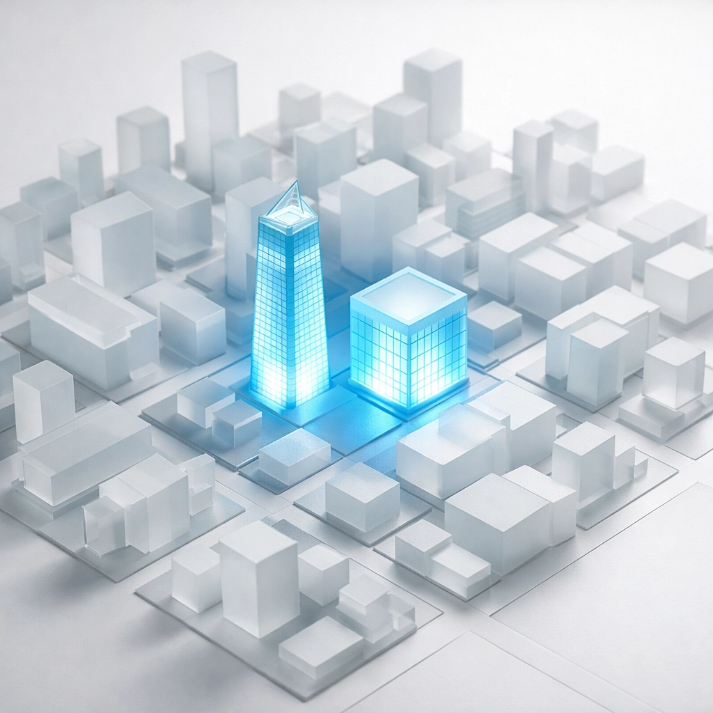 Architectural city model highlighting exclusive chiropractic marketing partnership for local dominance.