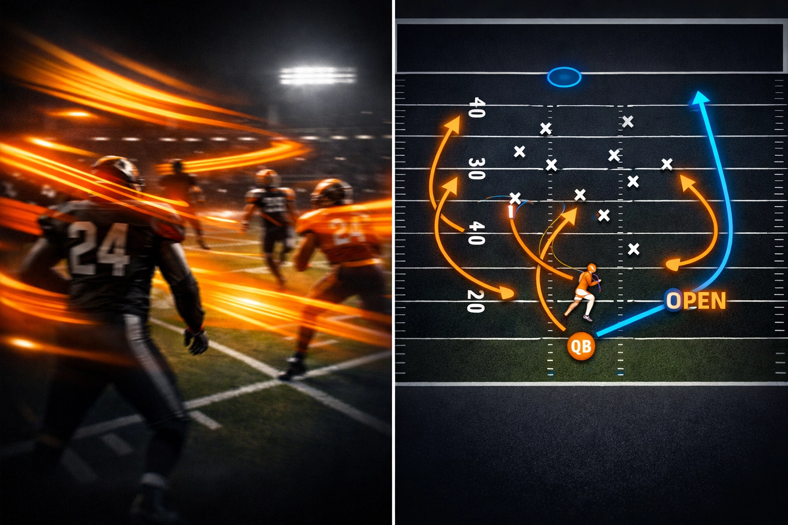 Split view comparing defensive perspective and offensive play design tactical breakdown
