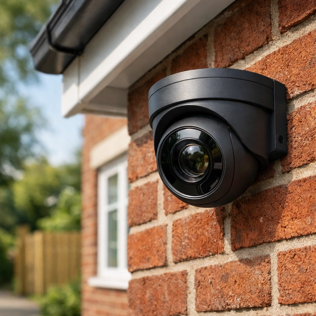 Professional CCTV installation of a modern turret camera on a traditional red-brick Nailsea home.