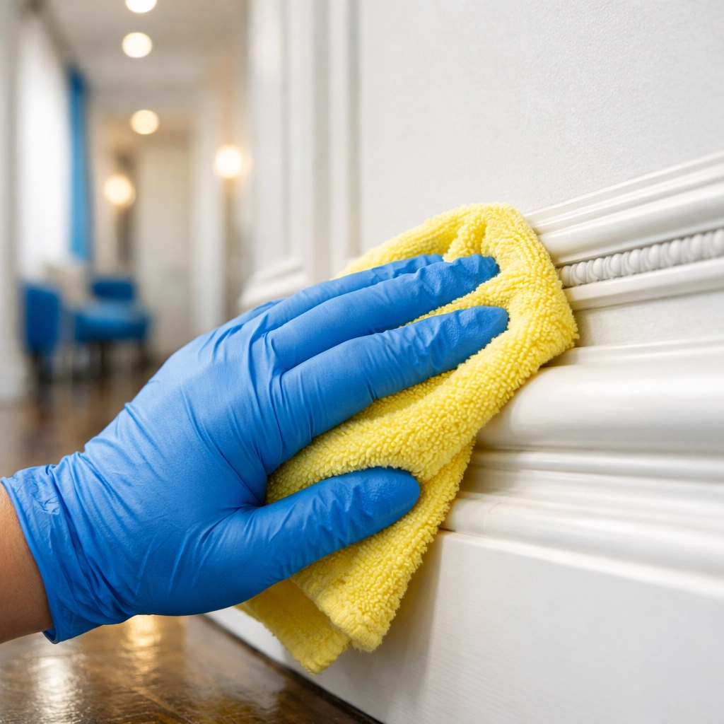 Professional cleaners performing a detailed Boston apartment turnover by scrubbing baseboards and trim.
