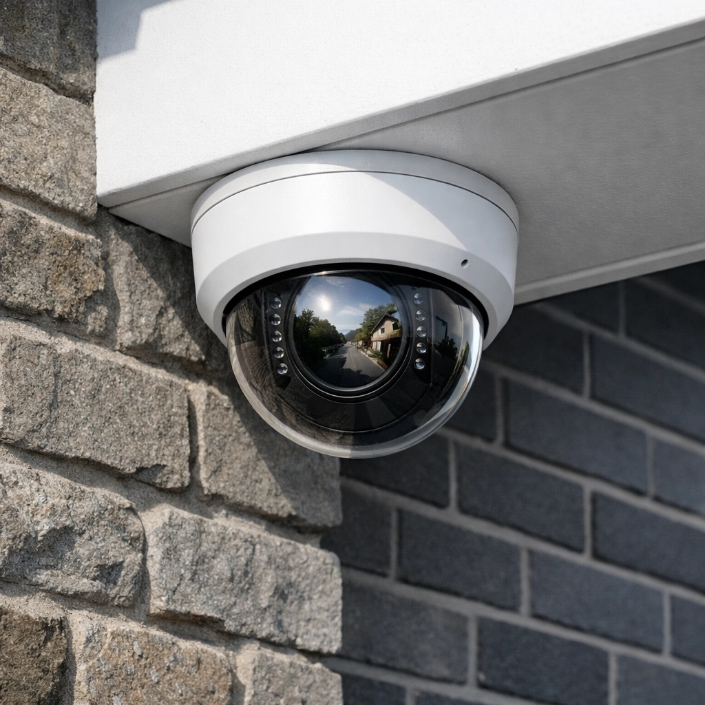 Sleek dome CCTV camera on a modern Bridgend house, providing high-definition home security surveillance.