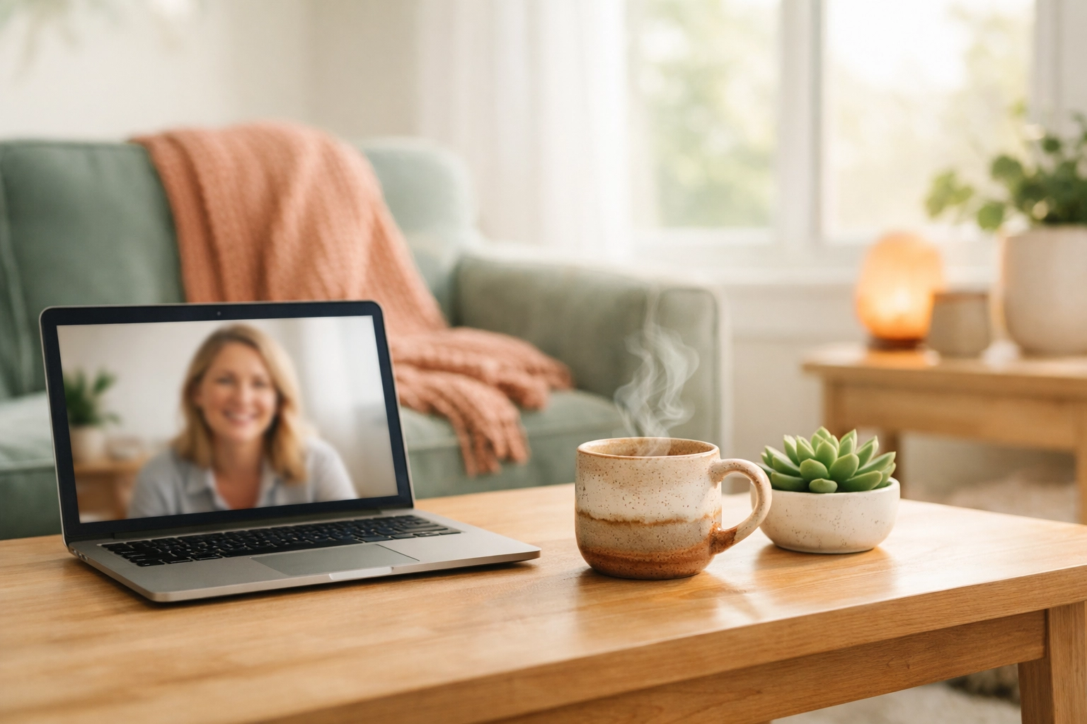 Modern living room setup for comfortable and convenient online anxiety and depression therapy sessions.