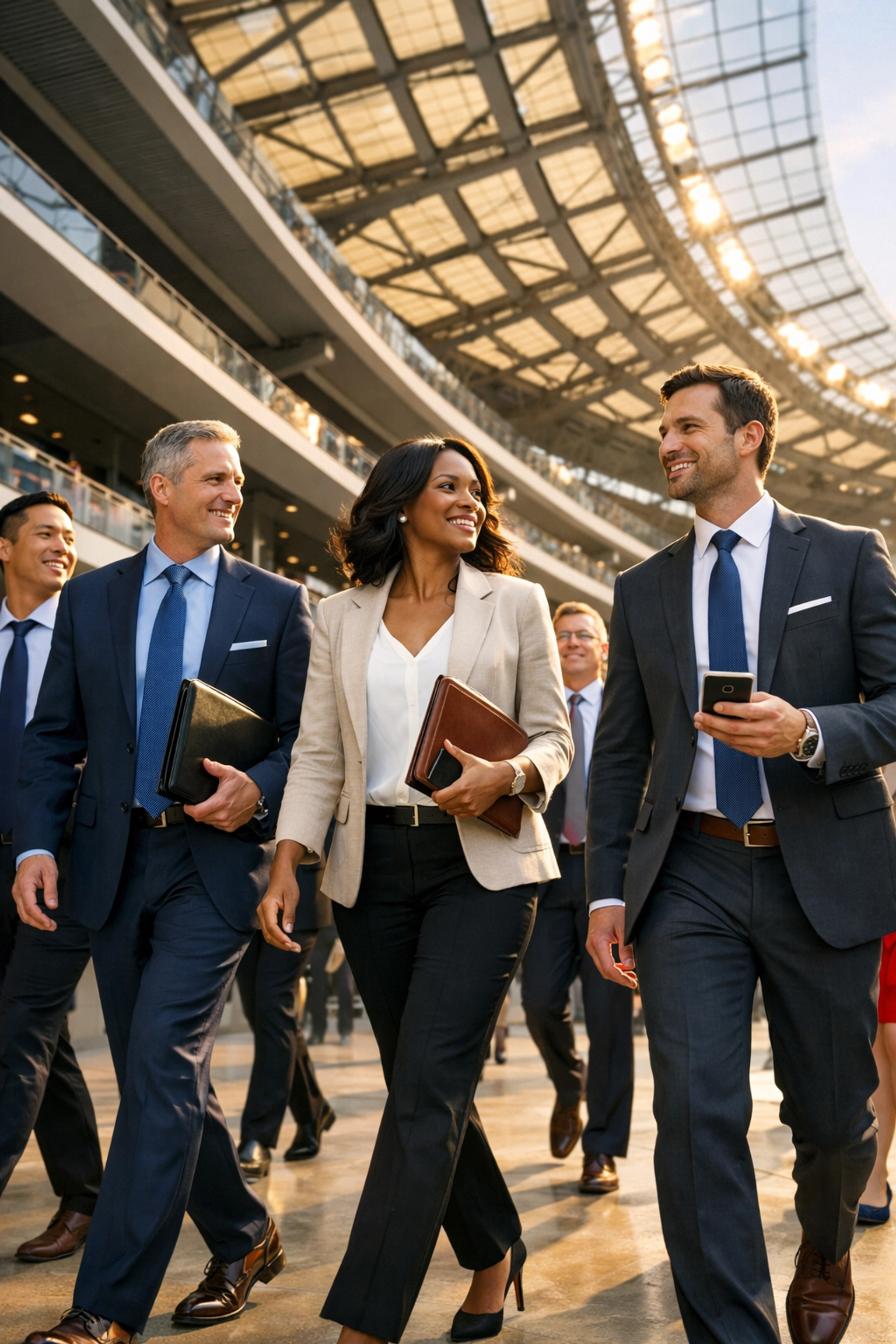 Successful business professionals walking through a modern stadium concourse during a major event.