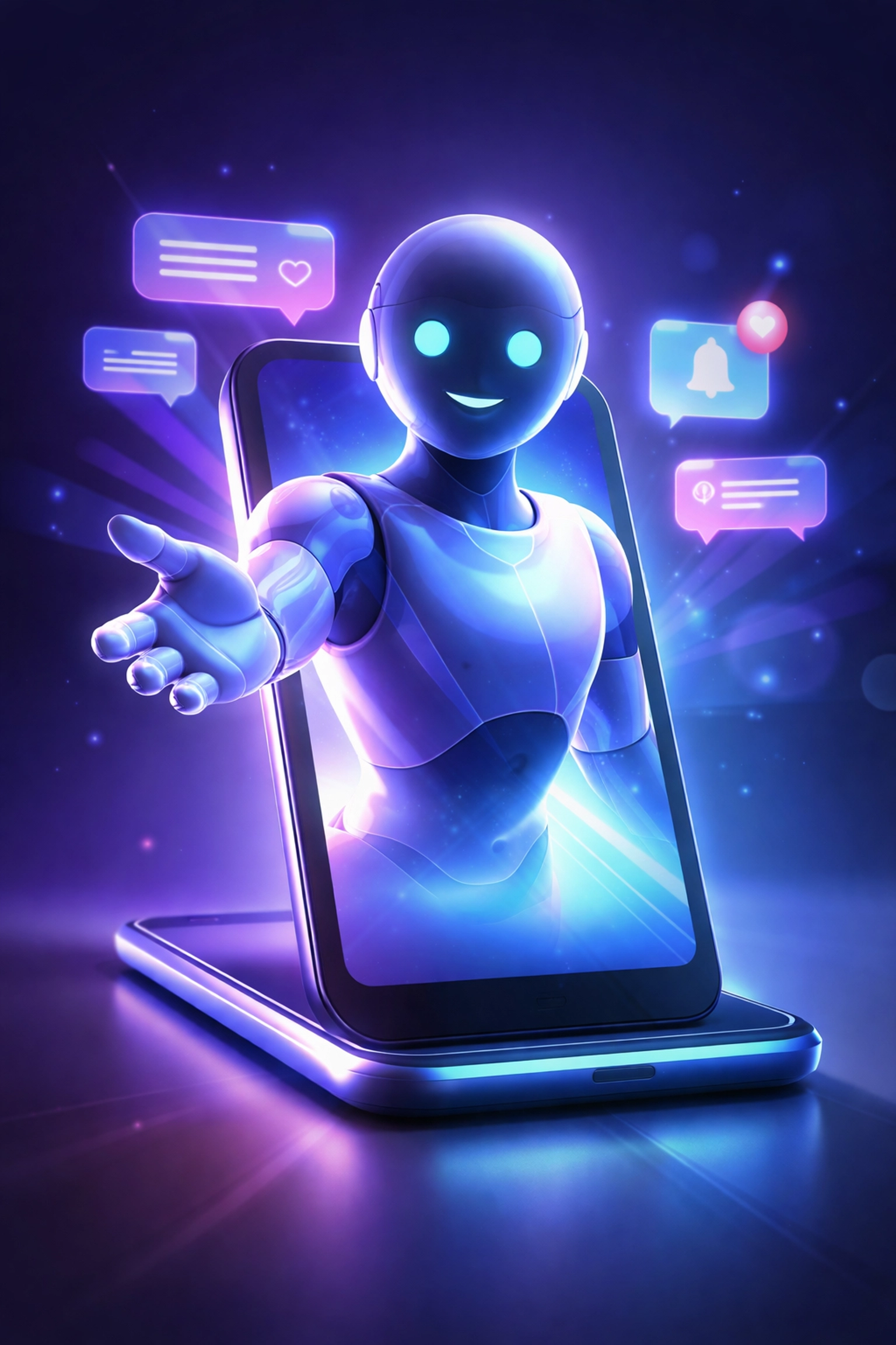 AI assistant emerging from a smartphone, representing customer service automation using AI and RPA for faster support.