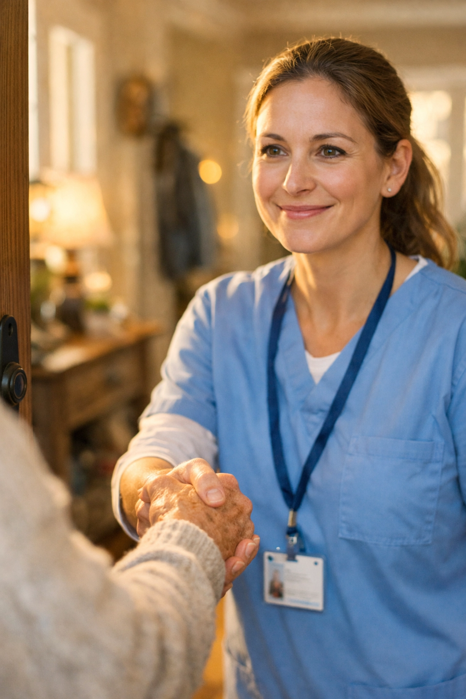 A Houston family welcoming a vetted home healthcare caregiver into their home with a trusting handshake.