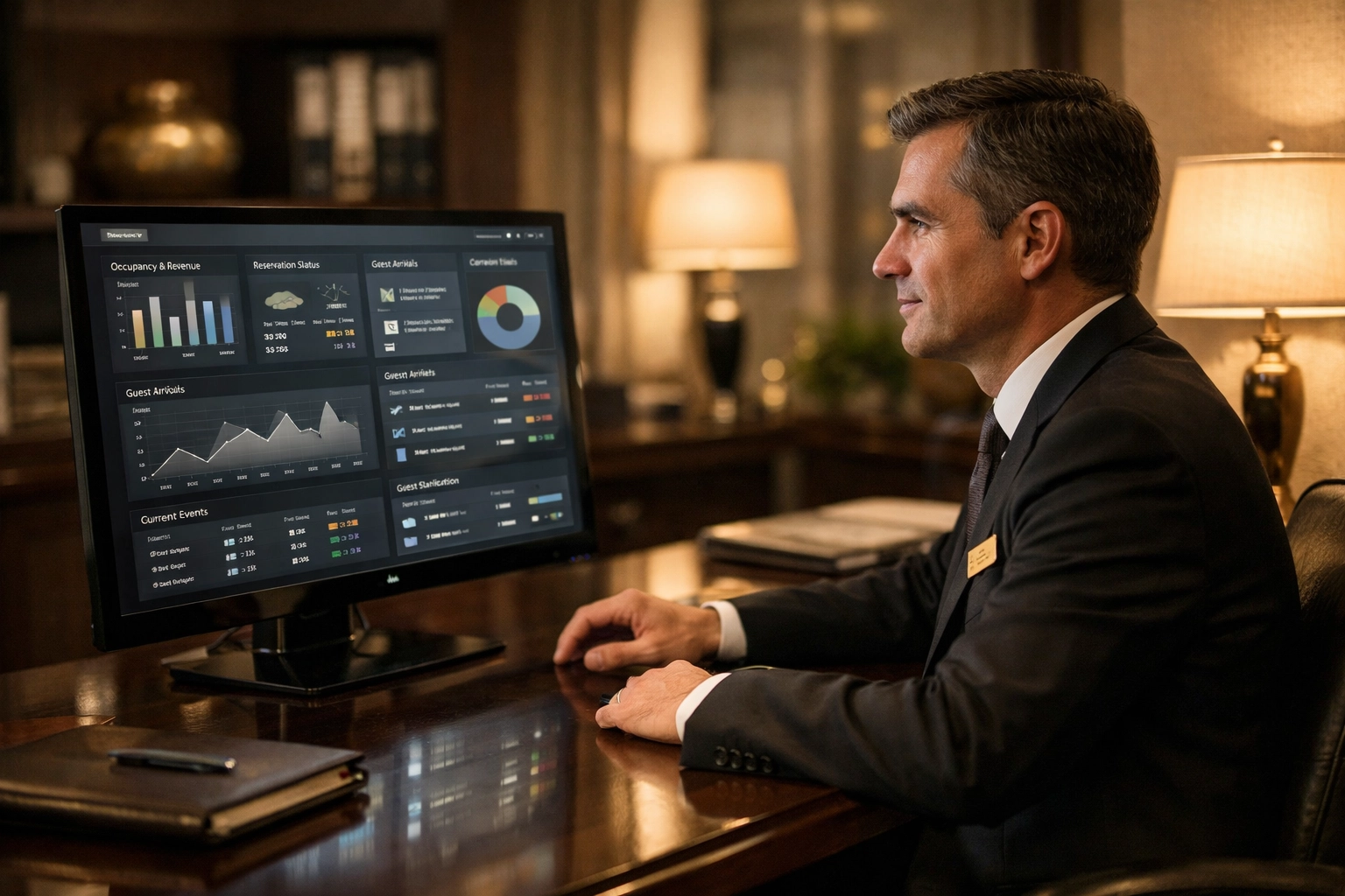 Professional hotel manager reviewing organized data to support high-quality hospitality and service delivery.