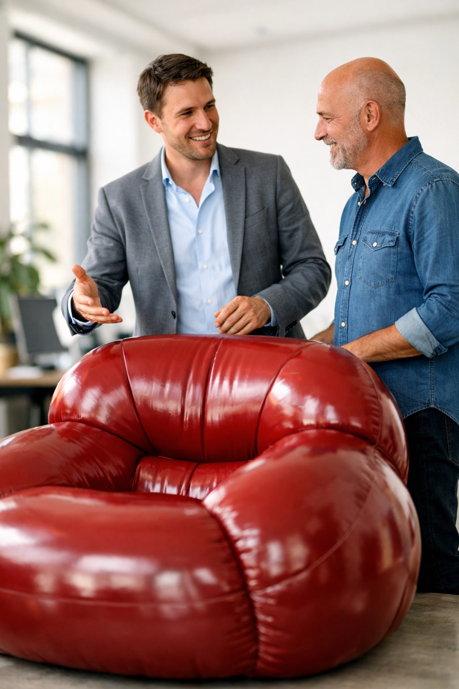 A consultant discussing custom inflatable chair red branding with a client in a modern office.