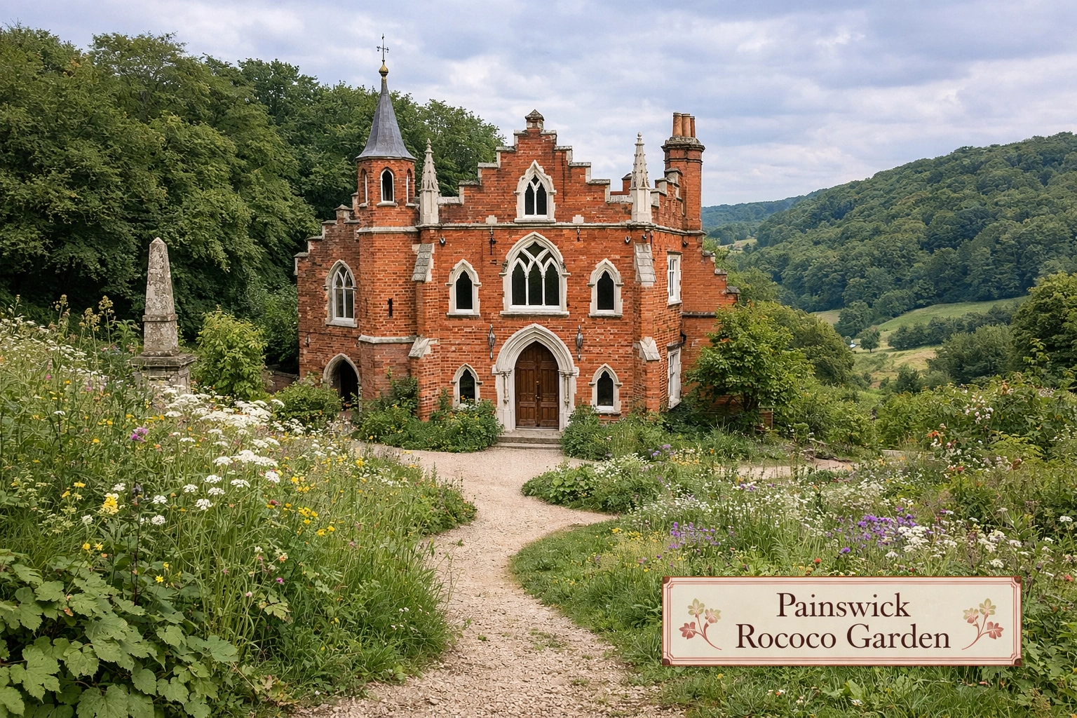 The historic Red House at Painswick Rococo Garden, a whimsical 18th-century architectural gem in the Cotswolds.