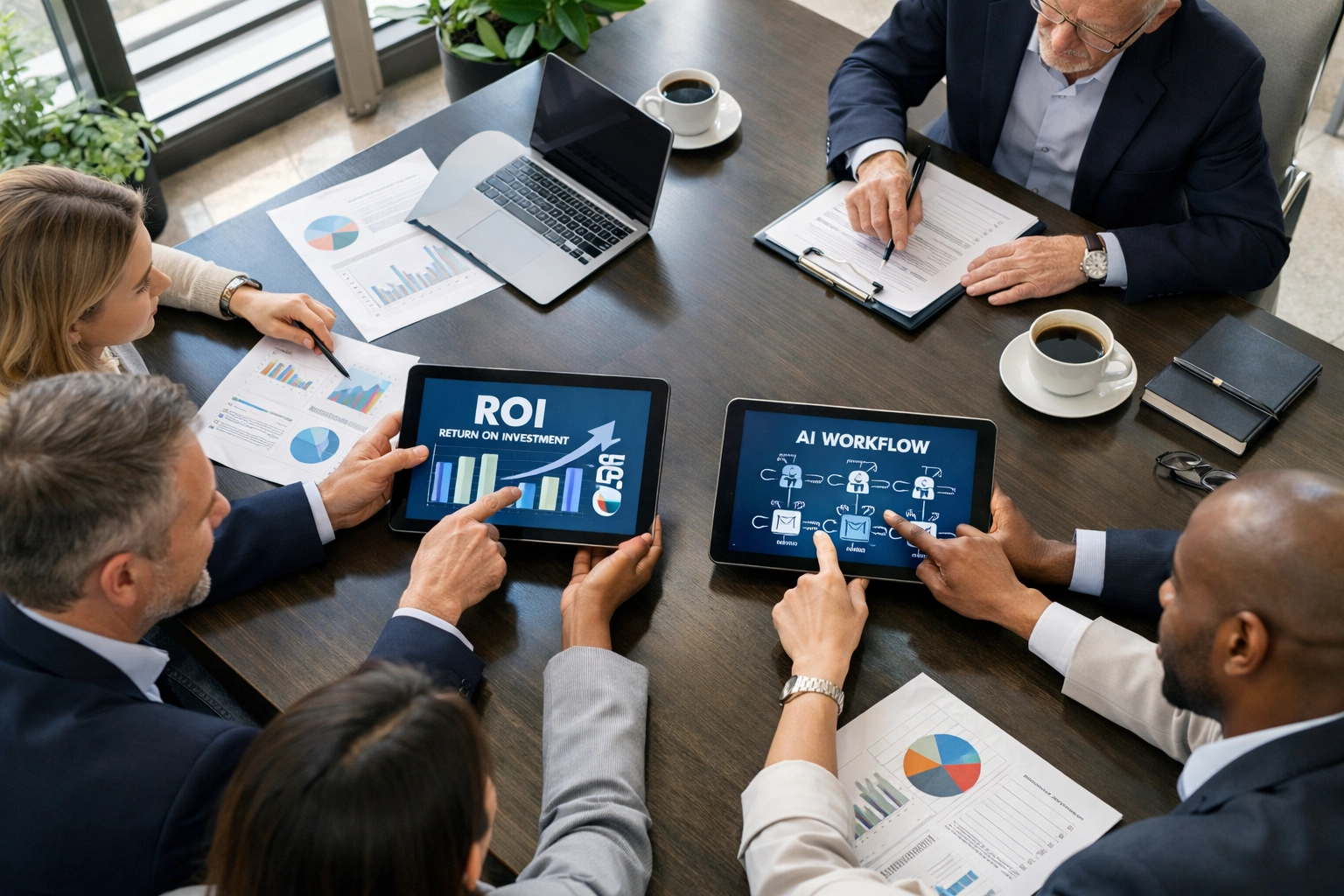 Business executives reviewing ServiceNow ROI and AI implementation partner selection criteria